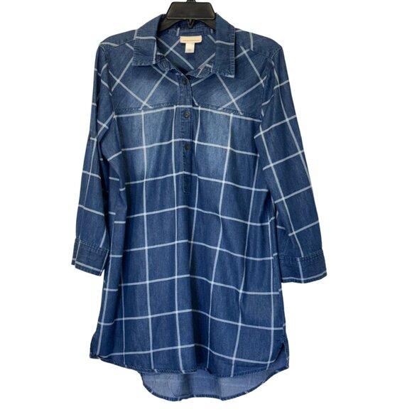 Cannon River Blue Tops - Women Chambray Plaid Top Size L